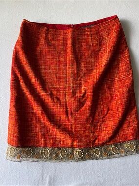 Josephine Chaus Orange Tweed Silk Mini Skirt with Embellished Hem